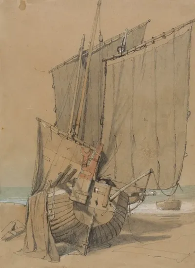 Fishing Boats On The Beach With Sails Drying
