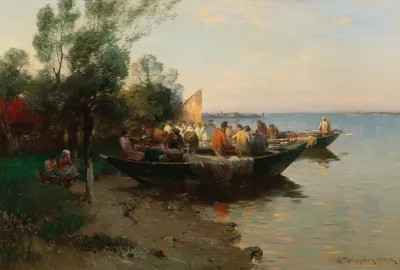 Fishing Boats On The Shore Of Lake Constance At Dusk
