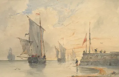 Fishing Luggers Chasse Maree Making Sail Off Calais