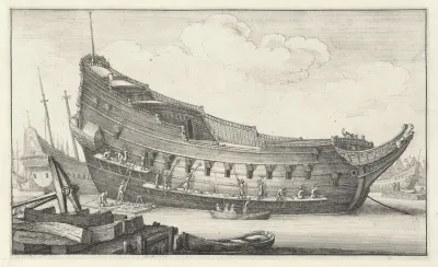 Fitting Out A Hull Men On Scaffolds And Ladders Working To Fit Hull Of Ship In The Centre