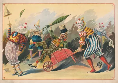 Five Clowns With One In Wheelbarrow
