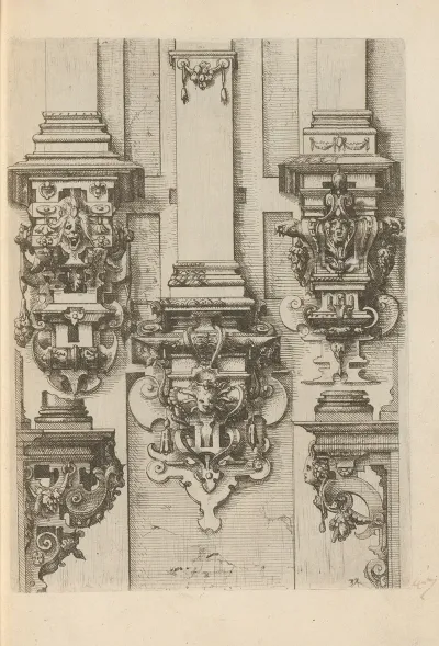 Five Composite Consoles Decorated With Scrollwork Grotesques And Mascarons