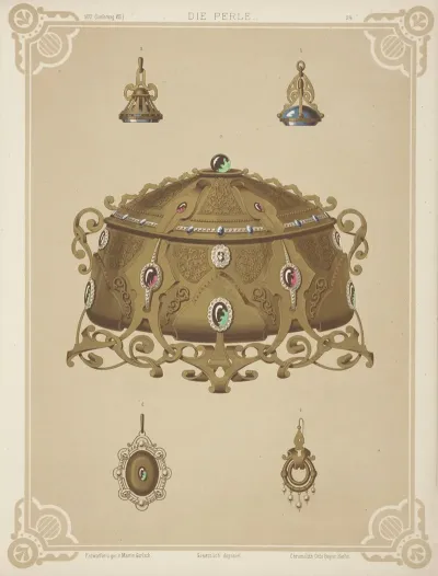 Five Designs For Jewelry Including Gold Crown With Red And Green Stones