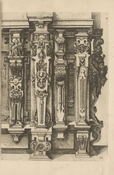 Five Doric Pilasters Decorated With Scrollwork Military Trophies And A Herm Dressed As A Soldier And Seen From The Side