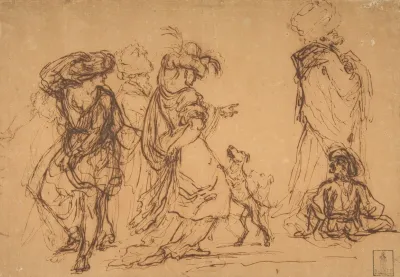 Five Figures In Fantastic Costumes With Two Dogs