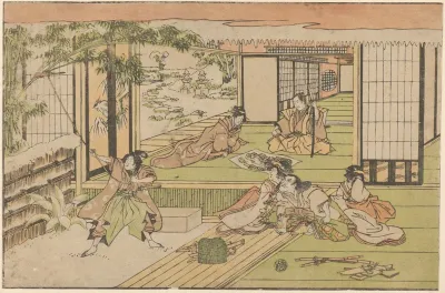 Five Figures Watching Man Roping A Bamboo