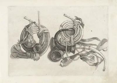 Five Hunting Horns Of Various Shapes With Cords And Straps Attached Two At Left And Three At Right
