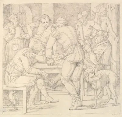 Five Men At A Table In German Renaissance Costume Playing Cards In An Inn