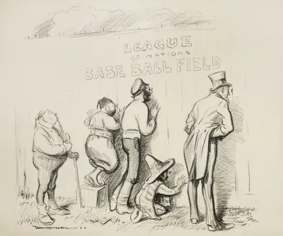 Five Men Fritz Turkey Russia Mexico And Uncle Sam Peer Through Holes In The Wall Of The League Of Nations Base Ball Field