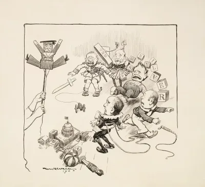 Five Men Including Theodore Roosevelt Are Depicted As Children And Playing With Blocks That Spell Free Silver