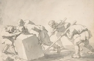 Five Men Pushing A Block Of Stone