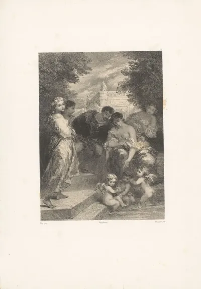 Five People Sitting By A Pond In Which Three Angels Are Bathing