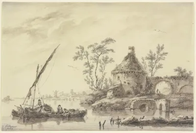 Flache Kustenlandschaft Mit Einem Alten Turm Und Windmuhle