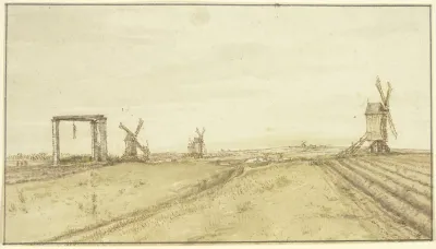 Flache Landschaft Mit Windmuhlen Und Galgen