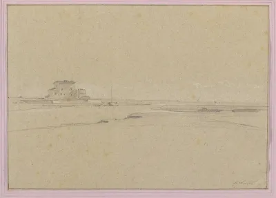 Flachlandschaft Mit Fluss Und Haus
