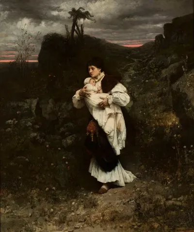 Fleeing Woman With A Child In Her Arms