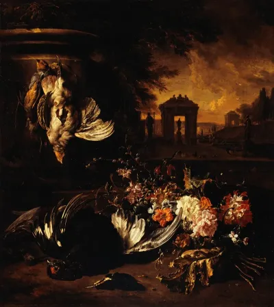 Fleurs Et Gibier Mort Devant Un Paysage