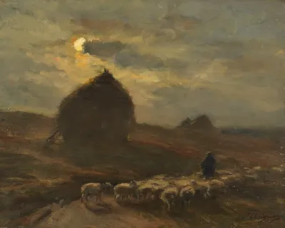 Flock Of Sheep And Shepherd By Moonlight