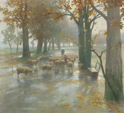 Flock Of Sheep With Shepherdess On A Rainy Day