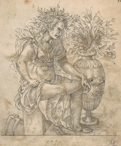 Flora Seated By A Vase With Two Harks On The Ground After Jost Amman