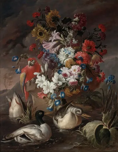 Floral Still Life With A Parrot And Ducks