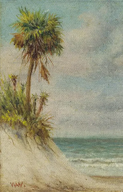 Florida Seascape With Sand Dune And Palm Tree