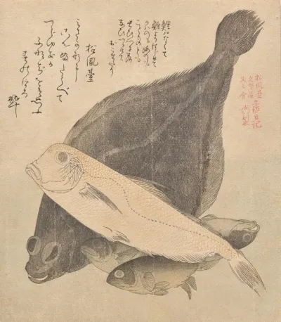 Flounder Tilefish And Three Crucian Carp From The Series Tosa Diary Tosa Nikki
