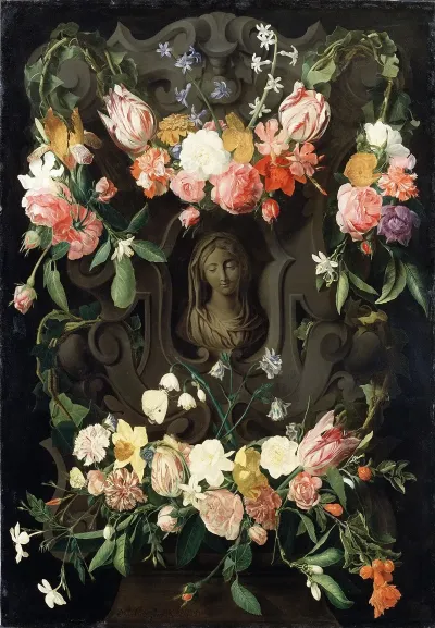 Flower Around A Cartouche With An Image Of The Virgin