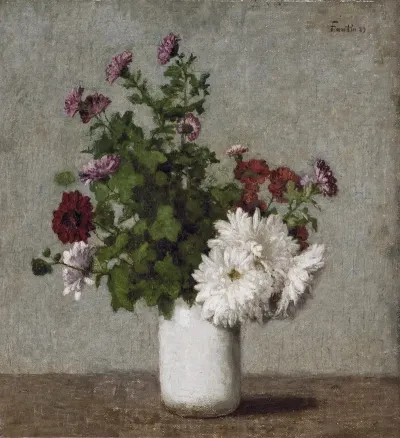 Flower Still Life Autumn Chrysanthemums In A White Vase