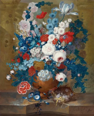 Flower Still Life With A Birds Nest On A Ledge
