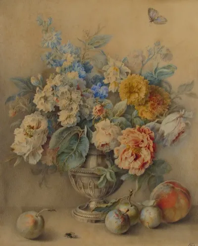 Flowers In A Silver Caster Fruit In The Foreground