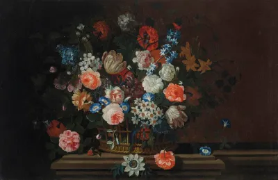 Flowers In A Wicker Basket On A Stone Ledge