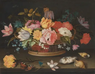 Flowers In A Wicker Basket On A Table