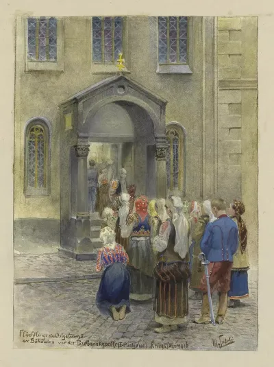 Fluchtlinge Aus Ostgalizien Und Der Bukowina Vor Der Barbarakapelle I Postgasse Kriegsjahr 1916