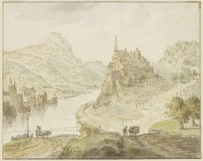 Flus Zwischen Bergen Rechts Auf Einem Felsen Ein Kloster