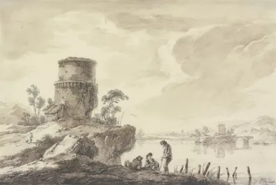 Flusgegend Im Vordergrund Ein Runder Im Mittelgrund Auf Einer Insel Ein Viereckiger Turm Mit Ruinen Einer Brucke