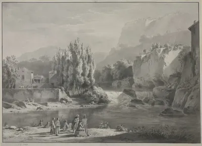 Fluslandschaft Mit Hohen Bergen Im Vordergrund Zwei Maler Mit Zuschauern
