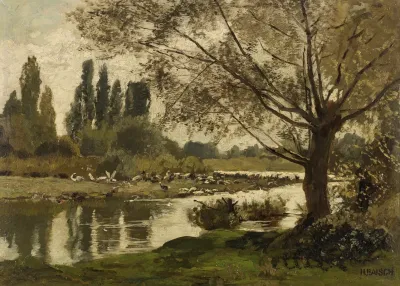 Fluslandschaft Mit Vogeln Und Weide
