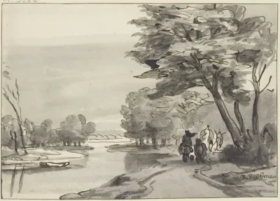 Fluss Mit Waldigem Ufer Rechts Ein Wagen Und Reiter