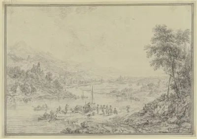 Flussgegend Mit Einem Stadtchen Im Tal Burgen Und Schlossern Auf Den Bergen Vorne Am Ufer Schiffe Und Figurliche Staffage