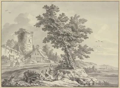 Flusslandschaft Links Ein Bauernhaus An Dem Turm Einer Stadtmauer In Der Bildmitte Rasten Vier Personen An Einem Baum