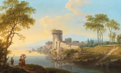 Flusslandschaft Mit Am Ufer Gelegenen Ruinen