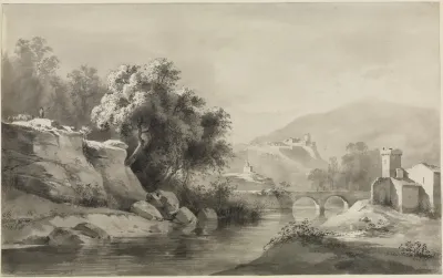 Flusslandschaft Mit Doppelbogenbrucke Und Kreuz