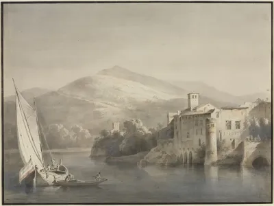 Flusslandschaft Mit Segelkahn Und Ruderboot
