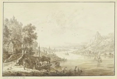 Flusslandschaft Rechts Ansteigendes Gebirge Links Ein Haus Mit Einer Brucke Bei Der Ein Boot Landet