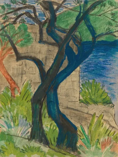 Flussufer Mit Blauem Baum