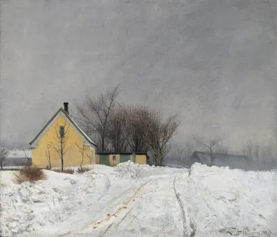 Foggy Winter Day To The Left A Yellow House Deep Snow