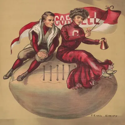 Football Player And Cheerleader Sitting On Giant Football With Cornell Flag