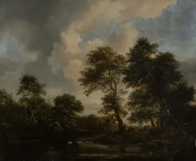 Forest Lake With Two Swans