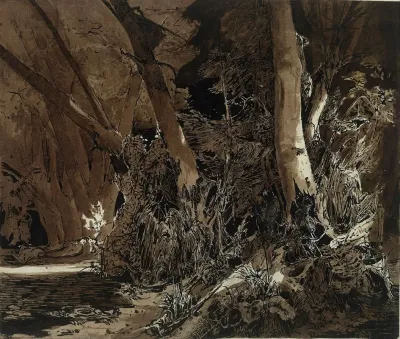 Forest Landscape With Flowing Water And Two Hunters